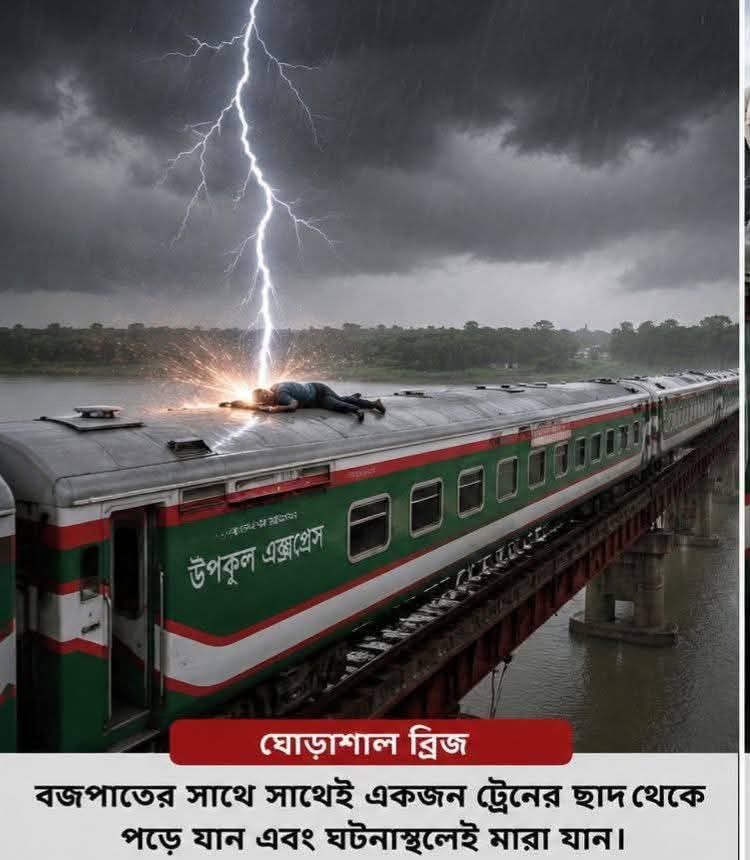 চলন্ত ট্রেনে বজ্রপাতে ০১ জনের মৃত্যু আরেক জন বিকট শব্দে ট্রেনের ছাদ থেকে পড়ে গিয়ে মৃত্যু।