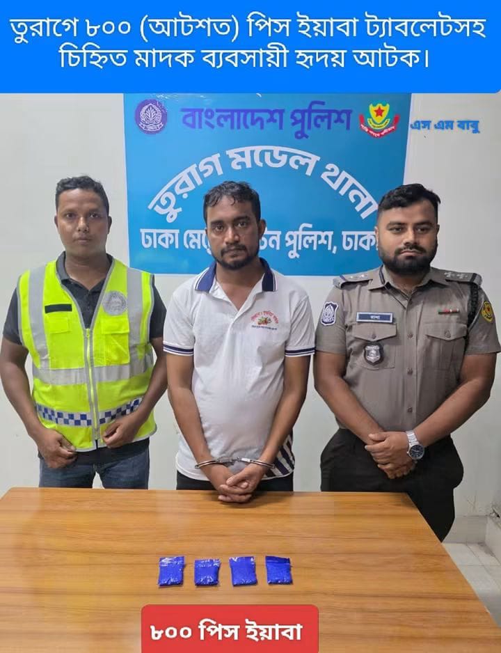 তুরাগে ৮০০ পিস, ইয়াবা ট্যাবলেটসহ তারারটেকের চিহ্নিত মাদক ব্যবসায়ী হৃদয়(৩১) গ্রেফতার করেছে তুরাগ থানা পুলিশ।
