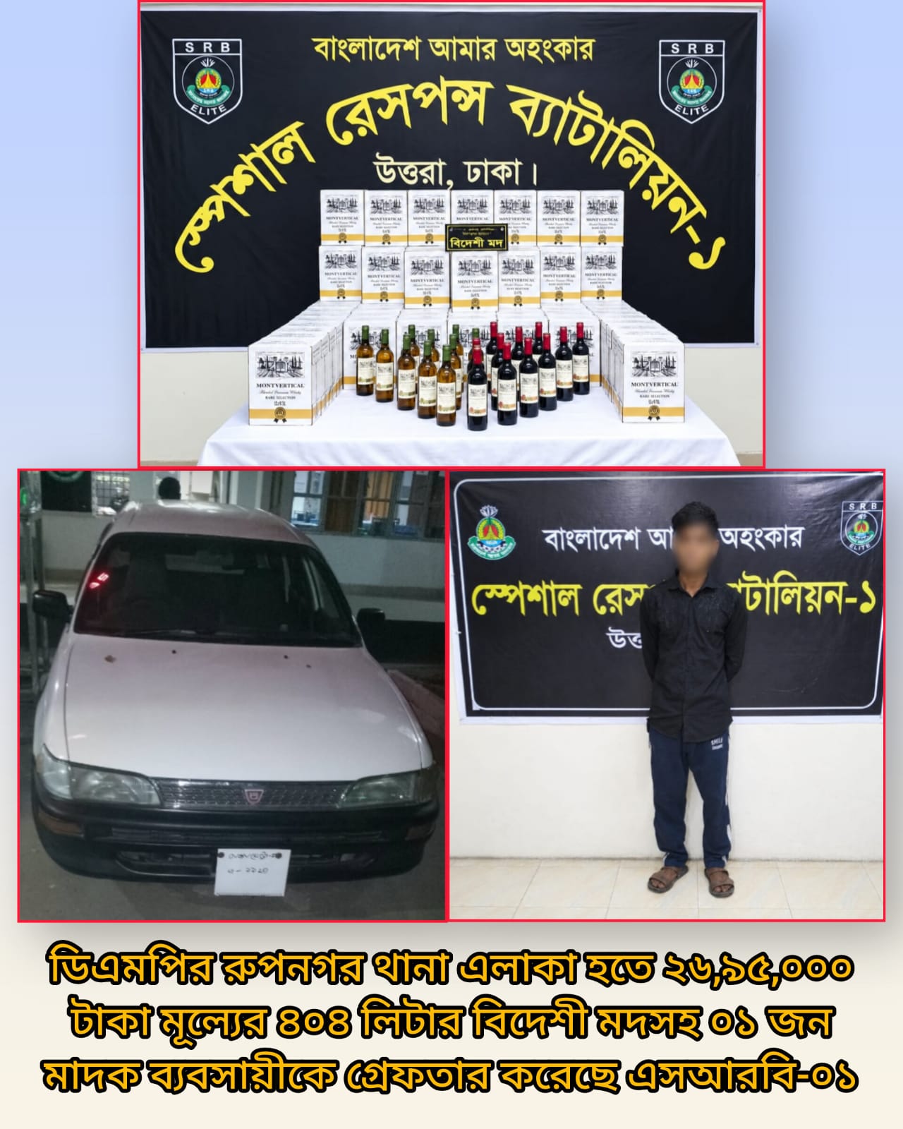 প্রায় ২৭ লক্ষ টাকা মূল্যের ৪০৪ লিটার বিদেশী মদসহ ০১ জন মাদক ব্যবসায়ীকে গ্রেফতার করেছে এসআরবি-০১